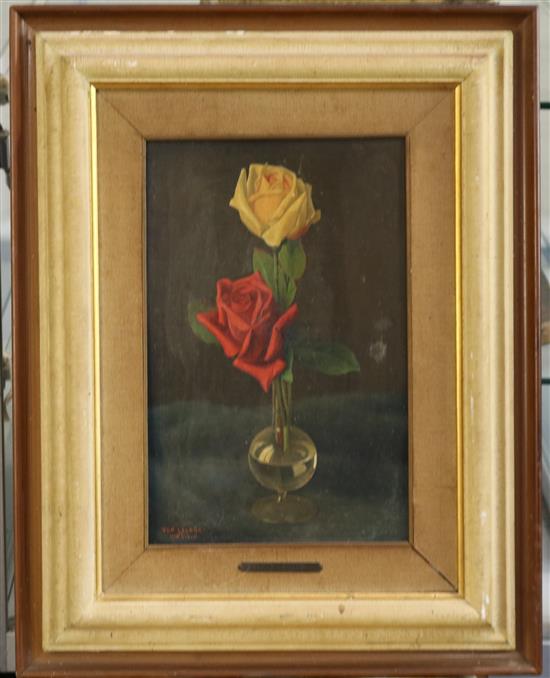 Ugo Celada (1895-1995) Still life of roses in a glass vase 13 x 8.5in.